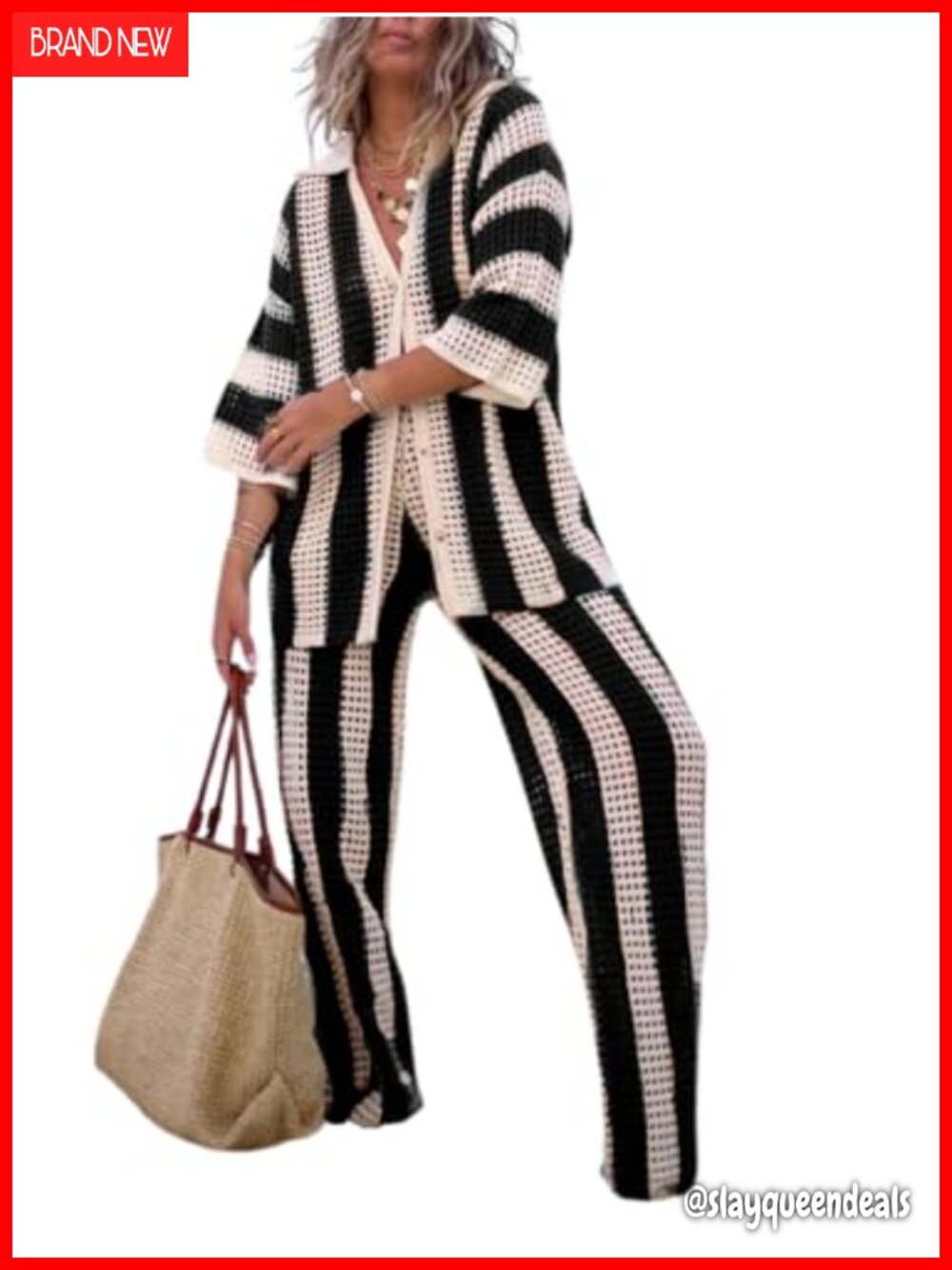 Polyester Knit Crochet 2 Piece Set Button Up Top Wide Leg Pants Vacation Outfit